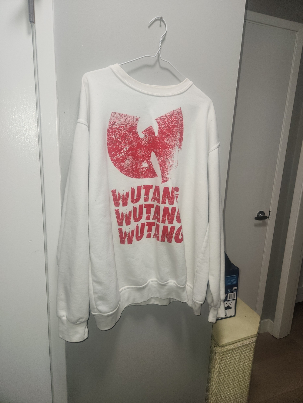 White Crewneck Sweatshirt with Red Wu-Tang Graphic